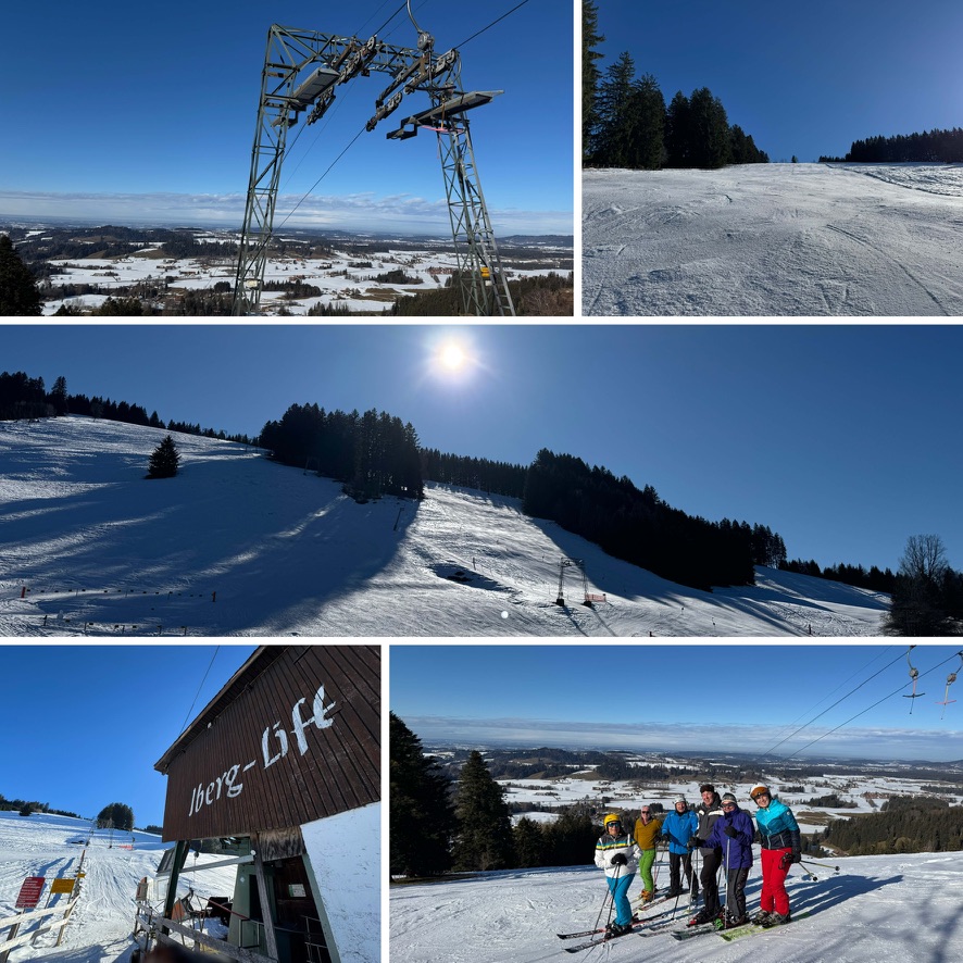 Collage aus Lifttechnik, Pisten und Skigemeinschaft am Iberg
